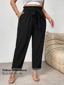 Firerie 大码优雅女士通勤工作服褶皱系带松紧腰带口袋设计修身裤宽松休闲裤蝴蝶结裤春季休闲度假裤黑色女裤 - 黑色 - 查看 5