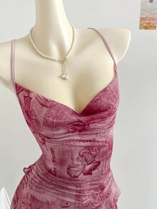 Soleia 大码女式彩色复古印花垂褶领口层叠荷叶边下摆长裙，度假风 - 彩色 - 查看 6