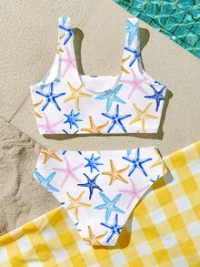 Cute Tween Girls Starfish Print Scoop Neck Two Piece Swimsuit For Summer Fun - Multicolor - View 2