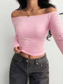 Teen Girl Off-Shoulder Snug Fit Casual Long Sleeve Basic T-Shirt, Pink - Pink - View 8