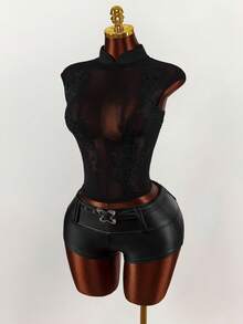 Amplova Women's Sheer Mesh Floral Blouse, Sexy Backless Design, Stand Collar, Revealing, Sensual - Black - View 3