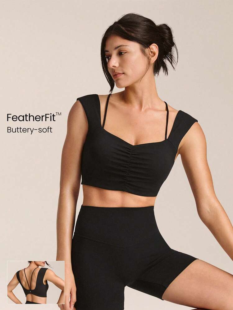 FeatherFit™ Flex And Flow 2-In-1 Buttery-Soft Stretchy Wide Strap Full Underarm Coverage Gathered Sports Bra Low Impact Yoga Pilates Studio Gym Daily Casual Wear Removable Cups
