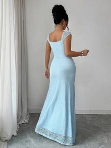 Elenzga 轻盈无袖方领收腰高开衩性感度假蕾丝双层连衣裙，针织弹力修身优雅女士约会装，天蓝色简约装饰长裙，春夏款 - 淺藍色 - 查看 2