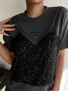 DAZY 女士亮片拼接宽松圆领短袖T恤 新年嘉年华 - 深灰色 - 查看 6