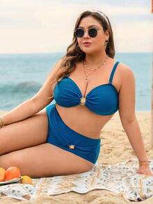 Swim Lushoire 大码女士纯色比基尼泳衣套装，三角裤带褶皱设计 - 水鴨藍 - 查看 5