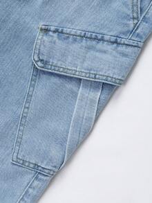 Quần jean denim cho bé gái tuổi teen, quần cargo màu sáng bạc màu kiểu vintage, ống rộng, có túi, thích hợp mặc hàng ngày và đi nghỉ mát mùa hè. - Màu xanh lam - Xem 7