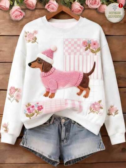 EMERY ROSE Plus Size Cute Casual Printed Crew Neck Long Sleeve Sweatshirt