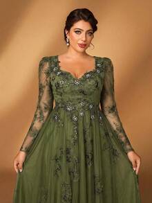 Serin Đầm cỡ lớn sang trọng, thanh lịch màu xám tím đính sequin, tay dài, cổ tim, thiết kế thêu họa tiết, vạt rộng, thích hợp cho tiệc tối, hẹn hò, dạ hội, kỳ nghỉ, đám cưới, hoặc làm đầm cho mẹ cô dâu. - Màu xanh Ô liu - Xem 4