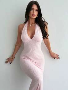 Firerie Đầm maxi ôm sát không tay cổ chữ V thanh lịch, lãng mạn, chất liệu vải dệt họa tiết, thích hợp cho những buổi hẹn hò, mùa xuân/hè. - Hồng - Xem 7