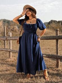 Ceyna Navy Blue Plus Size Boho Off Shoulder Summer Dress For Women,Shirred Square Neck Half Puff Sleeve A Line Flared Hem Holiday Vacation Picnic - Blue - View 7
