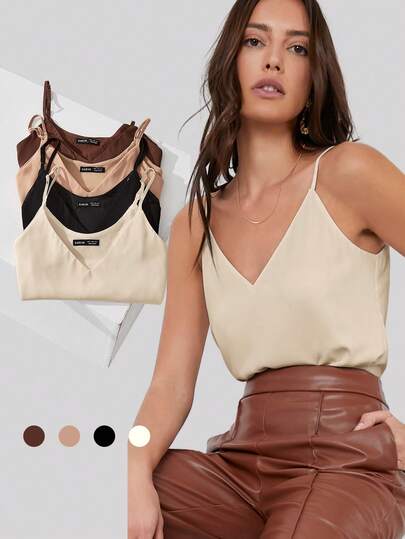 BizChic Nueva llegada Primavera/Verano Camiseta de tirantes ajustables en color albaricoque claro con escote en V, elegante para el transporte urbano, uso casual diario