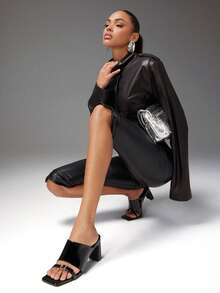 SHUZIA Women's Sexy Square Toe Block Heel Slip-On Sandals - Black - View 1