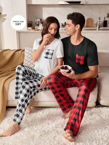 男士休闲格子印花睡衣套装 - 黑色 - 查看 4