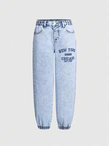 Tween Girls 2-Piece Denim Outfit,Light Blue Hooded Cropped Sweatshirt & Jogger Pants,Autumn Streetwear School Back-To-School Casual Daily Wear Set - Light Wash - View 5