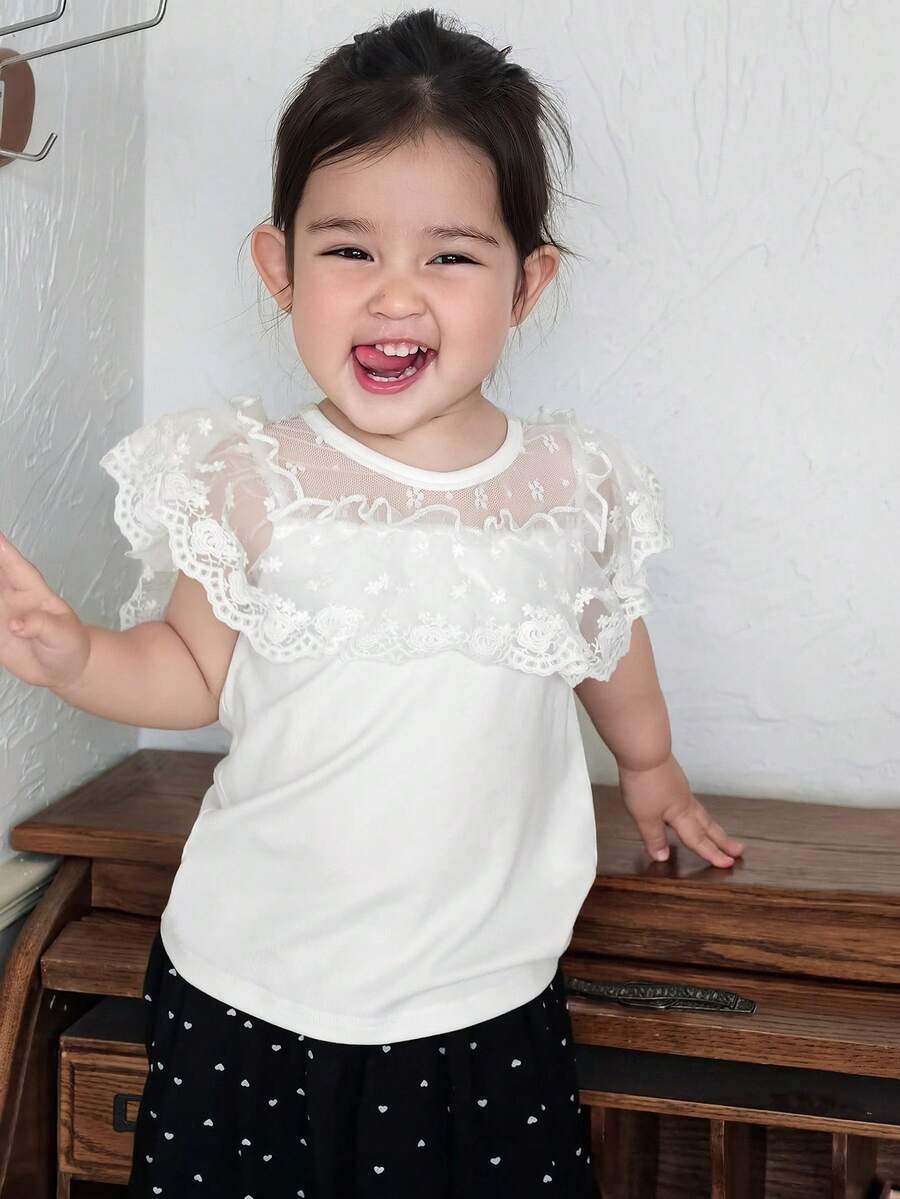 DAZY Toddler Girls' Round Neck Ruffle Trim Casual Top, Spring/Summer, Korean Style - White - View 1