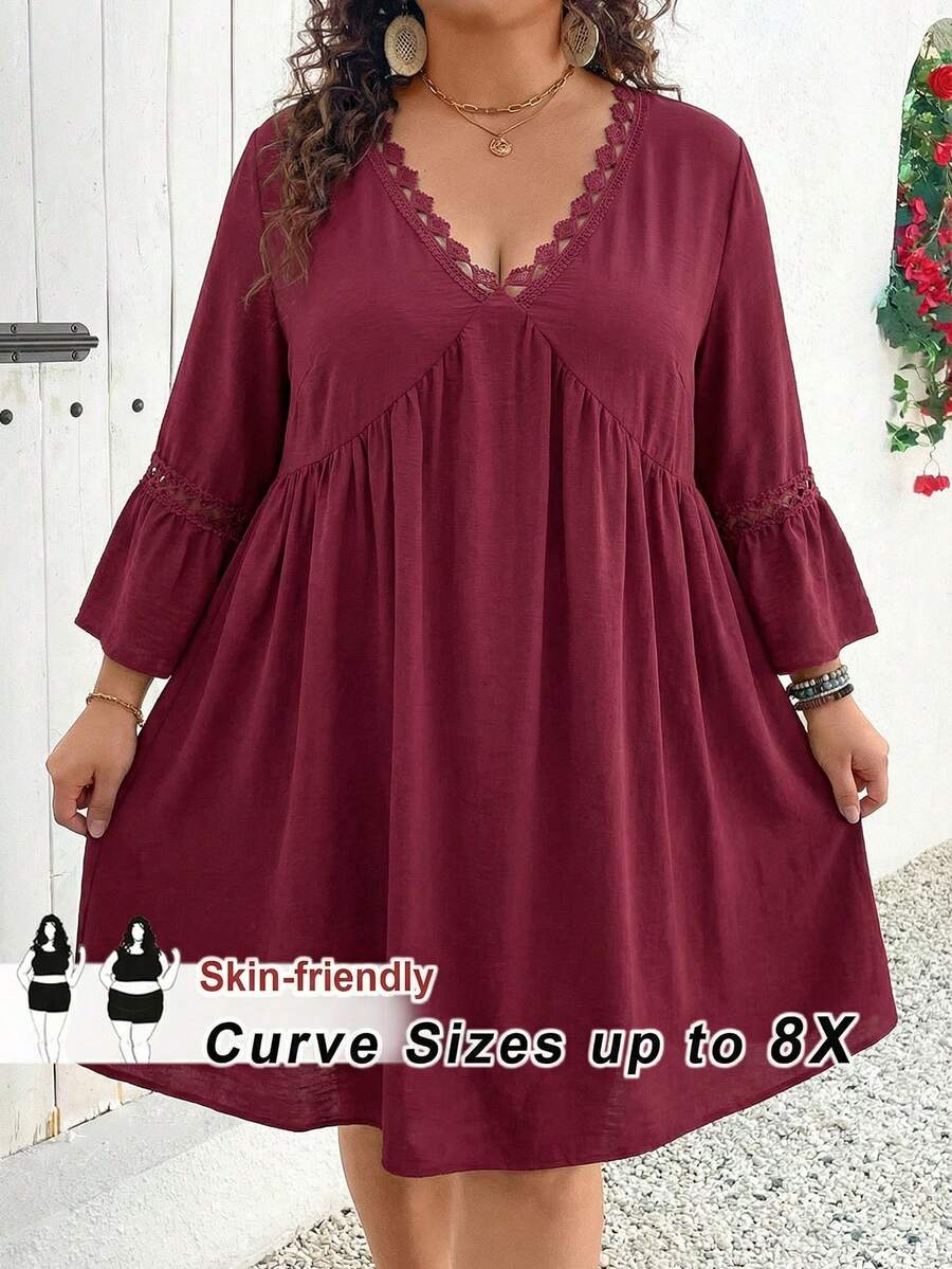 SHEIN CURVE+ Plus Size Holiday Casual White Flared Sleeve Bohemian Style Linen Dress Boho Vacation - Burgundy - View 1