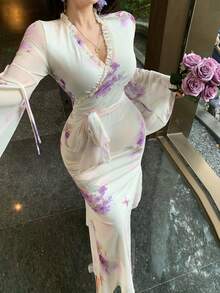 DAZY 印花新款中国风喇叭袖温柔优雅V领腰部系带连衣裙女式长裙吊带裙 - 淡紫色 - 查看 9