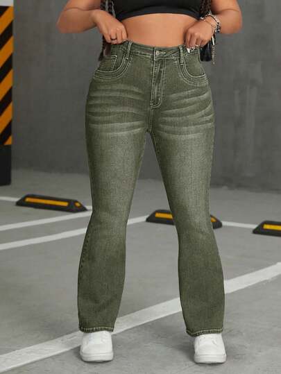 SHEIN EZwear Plus Size Women High Waist Pockets Casual Versatile Flare Jeans