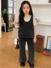 DAZY Young Girls Solid Color Washed Korean Style Shirt + Flared Korean Style Denim Jeans Set - Black - View 3