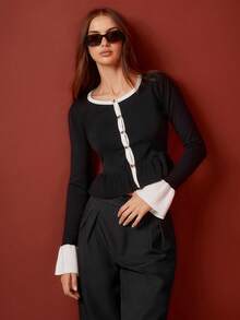 Maija Áo khoác cardigan nữ tay dài cổ tròn, viền tương phản - Đen và trắng - Xem 4