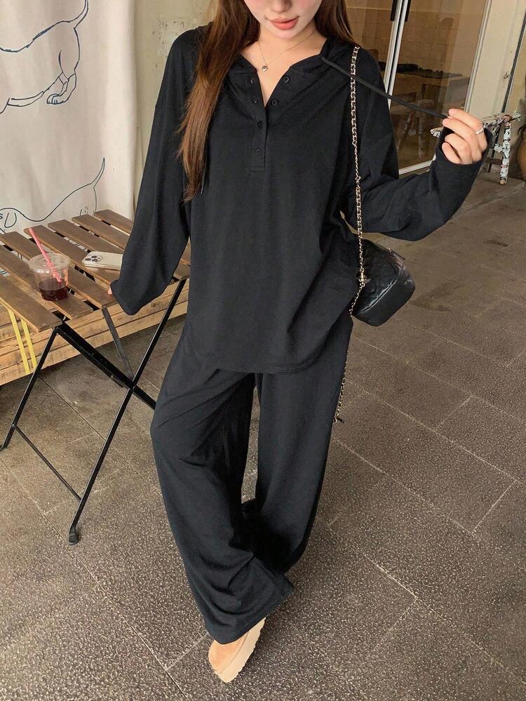 Women's Solid Color Button Half Placket Drop Shoulder Long Sleeve Hooded Top And Pants Casual 2 Pieces Set Fall, Winter Lounge Sets For Women