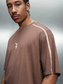 PLAYBOY X SUMWON Oval Logo Crew Neck Short Sleeve Regular Fit Cotton T-Shirt With Contrast Piping Details - Brown - View 5