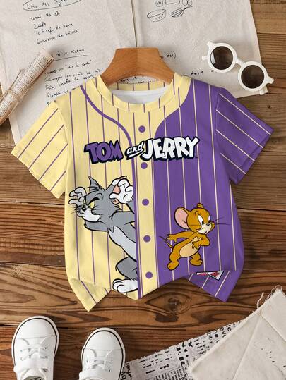 TOM & JERRY X SHEIN Young Boy Casual Fashionable Street Daily Commute Funny Cute Cartoon Letter Patchwork Print Round Neck Short Sleeve T-Shirt, Summer
