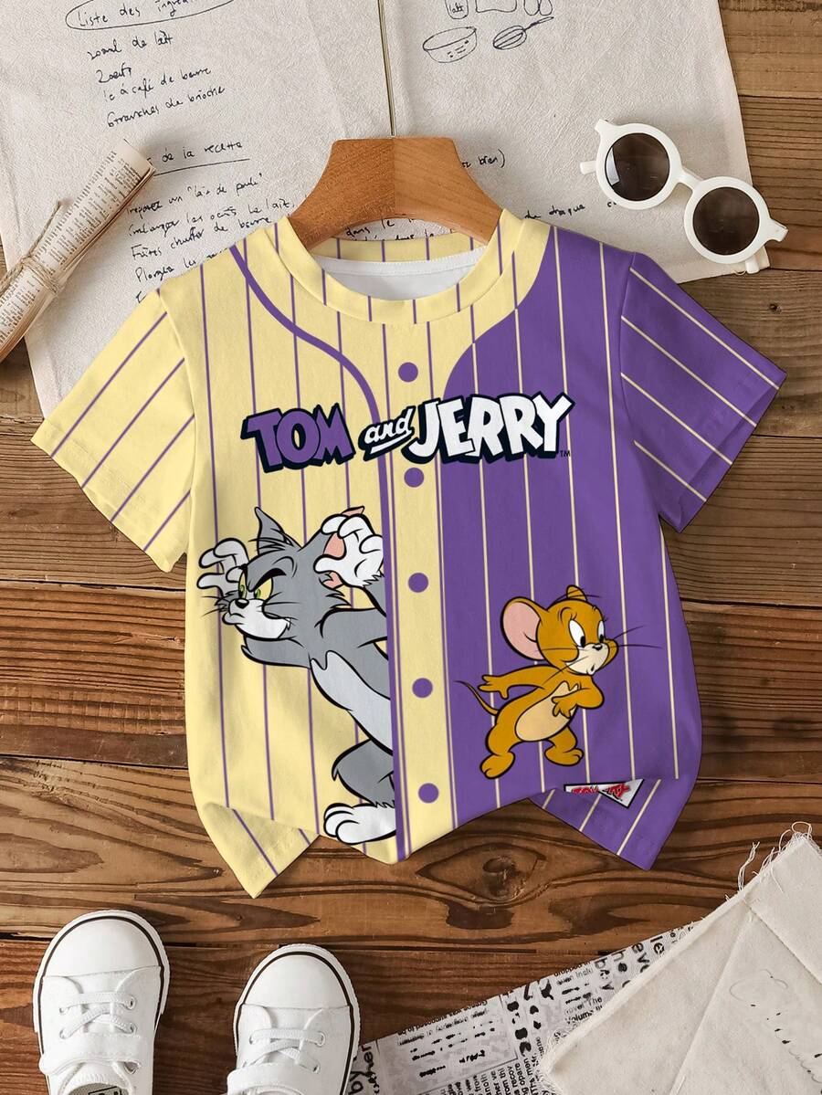 TOM & JERRY X SHEIN 男童休闲时尚街头日常通勤趣味可爱卡通字母拼接印花圆领短袖T恤，夏季 - 白色 - 查看 1
