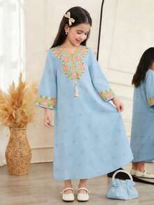 SHEIN Vestido de manga larga con estampado floral casual para niñas jóvenes, adecuado para primavera/verano - Celeste - Ver 5