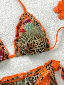 Soleia Bộ bikini đi biển cổ điển nhiều màu sắc với họa tiết da báo, ngựa vằn, hoa lá, kiểu dáng bèo nhún, buộc dây phía trước và tua rua trang trí dành cho nữ. - Màu Cam cháy - Xem 3