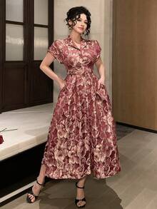 DAZY Women's Elegant Floral Print Long Dress With Lapel Collar And Belt, Summer Wedding Guest Dress - Burgundy - View 6