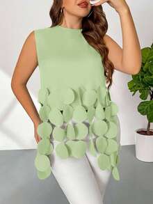Firerie Plus Size Elegant Solid Color Sleeveless Shirt With Tassel Hem, Summer - Green - View 3