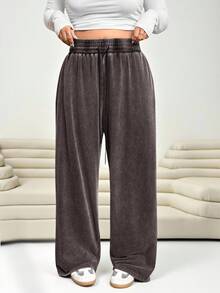 Solflare 大码女式宽松直筒休闲裤，巧克力棕色 - 巧克力棕 - 查看 1