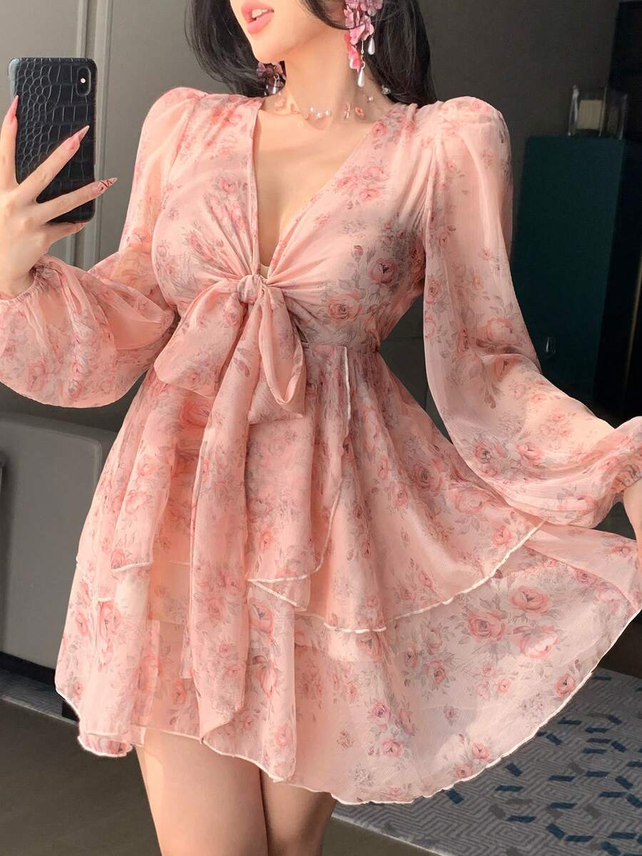 DAZY French Style Pink Floral V-Neck Long Sleeve Dress, Tie-Waist Chiffon A-Line Mini Dress, Spring - Baby Pink - View 1