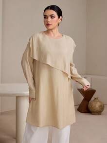 Graceveil 早春不对称圆领宽松浅卡其色休闲上衣