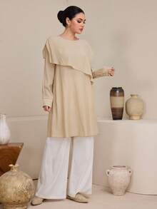 Graceveil 早春不对称圆领宽松浅卡其色休闲上衣