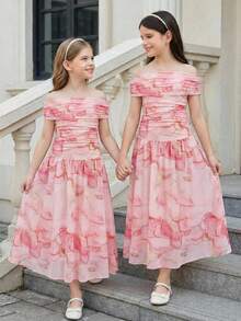 SHEIN 优雅露肩A字连衣裙，粉色，适合少女穿着；粉色印花露肩连衣裙，适合青少年穿着。 - 粉色 - 查看 10