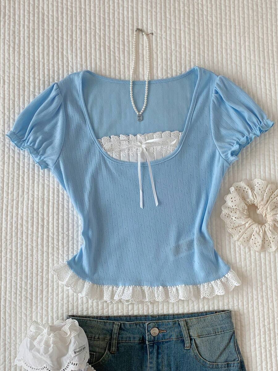 Comfortcana Women's Contrast Color Bow Decor Short Puff Sleeve Fashionable T-Shirt - Blue - View 1