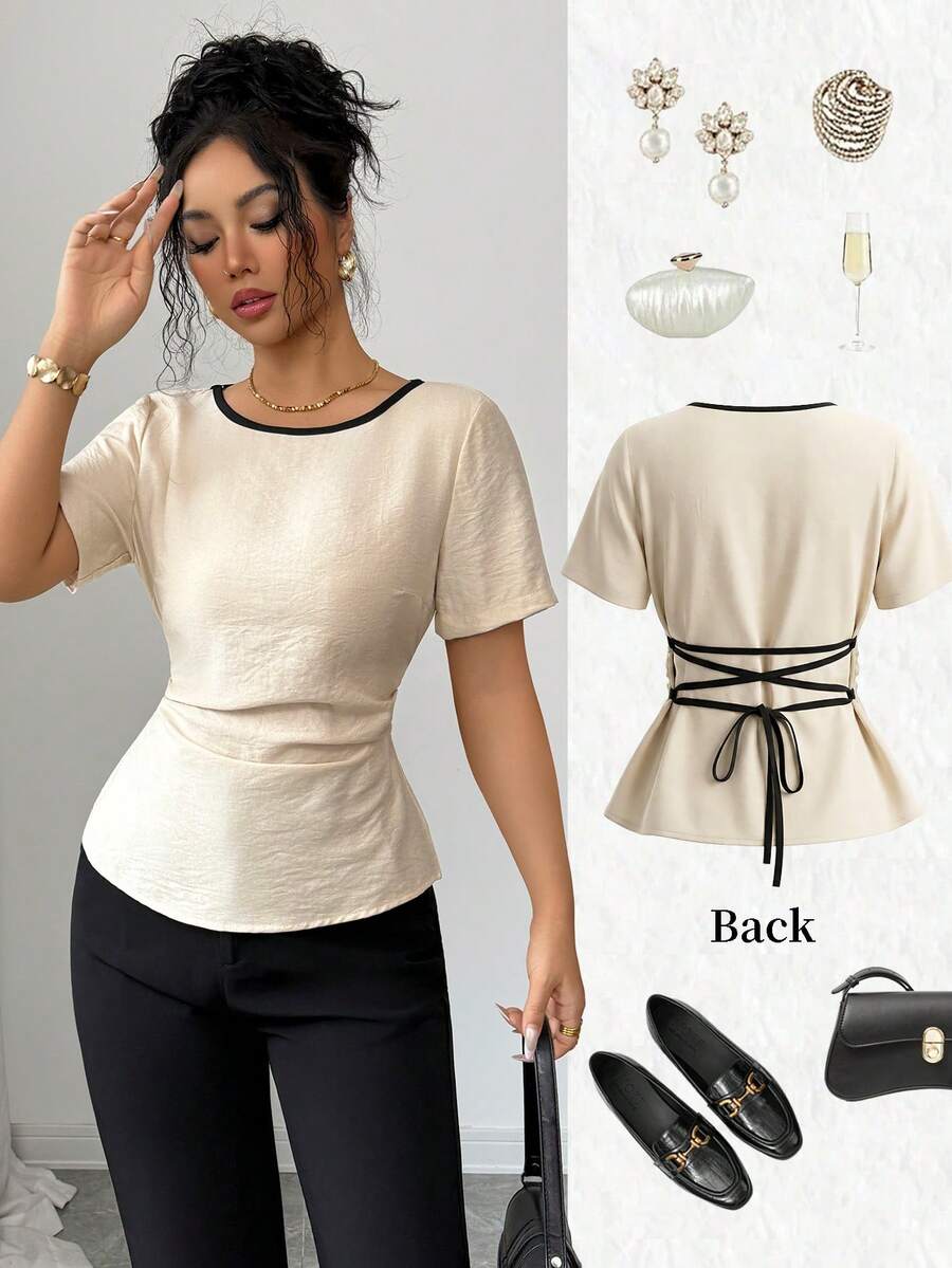 Elenzga 女士优雅休闲杏色和黑色蝴蝶结设计褶皱腰部短袖修身衬衫，春夏款 - 杏色 - 查看 1