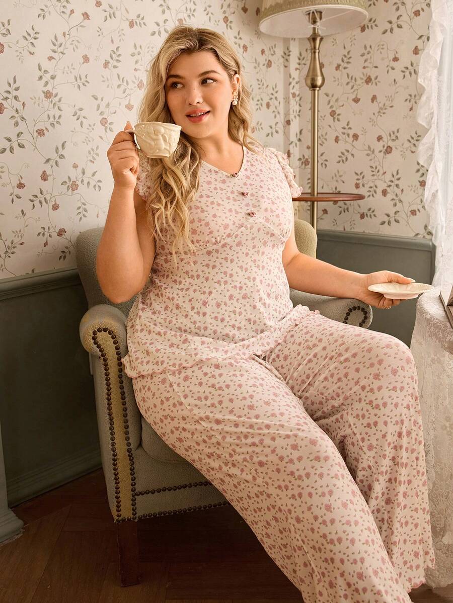 CottageSlumber Plus Size Women Casual Ditsy Floral Cap Sleeve Top And Pants Pajama Set - Red and White - View 1