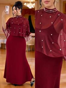 Cravure Bộ đồ 2 mảnh cỡ lớn bằng vải chiffon nhẹ, cổ cao, đính ngọc trai không đều, kết hợp với áo choàng và áo hai dây cạp chun mềm mại, dáng đuôi cá, thanh lịch cho dạo phố, hẹn hò, dự tiệc, buổi tối hoặc tiệc trà chiều. - Màu Đỏ Sâu - Xem 8