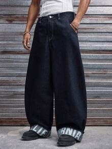 AXEPEAK 男士休闲水洗字母印花明线牛仔裤 - 藍色 - 查看 4