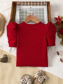 Young Girl Red Casual Daily Round Neck Gigot Sleeve Beaded Snug Fit T-Shirt - Red - View 2