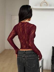 Coolane Áo nữ mùa Xuân/Hè phong cách đường phố, lễ hội Rave, Boho, phương Tây, Y2K, Gyaru, ren, cổ chữ V sâu, tay dài - Màu Đỏ Sâu - Xem 7