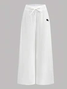 SHEIN Tween Girls Daily Wear Outfits Casual Basic 100%Cotton Elastic Waistband White Pants, Wide Leg Pants, Back To School - White - View 4