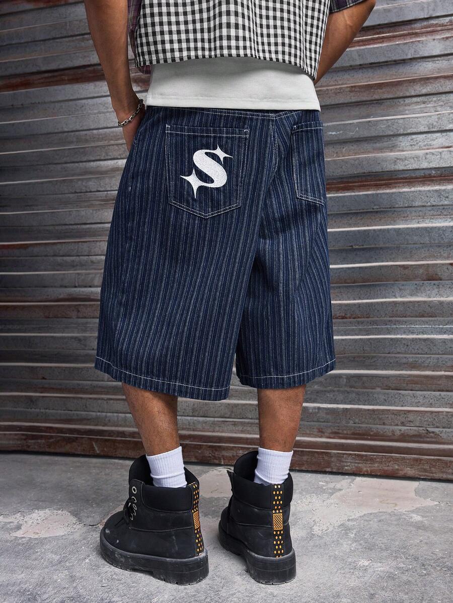 AXEPEAK 男士条纹褶皱宽松休闲百慕大牛仔短裤 - 藍色 - 查看 1
