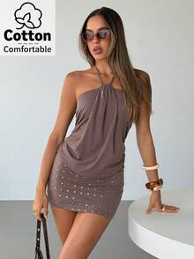 Aloruh 女士时尚性感Y2K咖啡棕摩卡色水钻铆钉垂褶领紧身迷你连衣裙，适合春夏度假 - 摩卡棕 - 查看 3