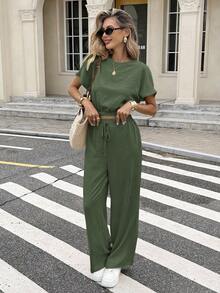 Serisse 蝙蝠袖露脐上衣和抽绳腰裤，纹理面料两件套 - 薄荷綠 - 查看 3