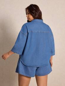 Elaquor 大码牛仔短袖上衣和短裤两件套 - 中等水洗藍 - 查看 6