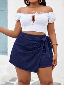 SHEIN ICON Plus Size Denim Shorts, Casual Fitted Patchwork Shorts, Blue - Dark Wash - View 1